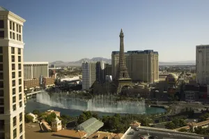 Strip Prints: View of Paris Hotel and lake of Bellagio Hotel with