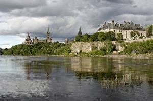 Parliament Hill Prints: View over to Parliament Hill from the banks of the Ottawa river, Ottawa