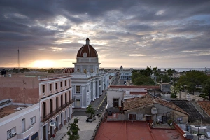Cienfuegos Prints: View over Parque Jose Marti at sunset from the roof of the Hotel La Union