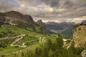View from Passo di Gardena (Grodner Joch), Dolomites, Italy, Europe