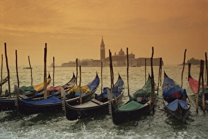 Venice Prints: View past docked gondolas towards St. Marks Square, from across the Grand Canal