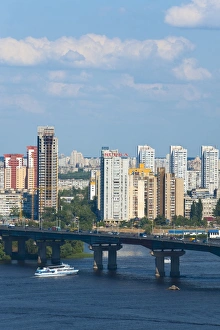 Kiev Prints: View towards Patona Bridge and Berezniaky over the Dnipro River, Kiev, Ukraine, Europe