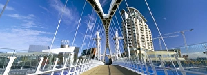 Salford Prints: View along pedestrian suspension bridge at Salford Quays, Salford, Manchester
