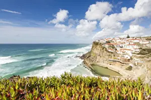 Sintra Prints: Top view of the perched village of Azenhas do Mar surrounded by the Atlantic Ocean
