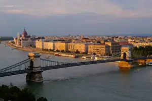 Budapest Prints: View of Pest, the Danube River and the Chain bridge (Szechenyi hid), from Buda Castle