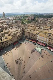 Siena Prints: Top view of Piazza del Campo with the historical buildings and The Fonte Gaia fountain