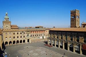 Bologna Prints: View of Piazza Maggiore, Palazzo del Podesta, Bologna, Emilia-Romagna, Italy, Europe