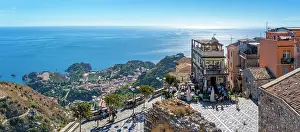 View of Piazza Saint Antonio in Castelmola and Taormina in background, Taormina, Sicily, Italy, Europe