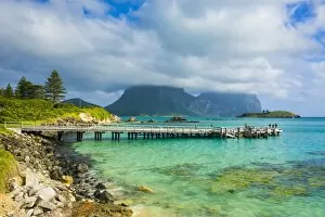 View of pier with Mount Lidgbird and Mount Gower in the background, Lord Howe Island, UNESCO World Heritage Site