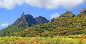 Overlook Prints: View of Pieter Both mountain in central Mauritius with green hills and blue sky