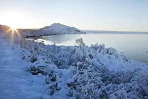 View towards Pingvallavatn Lake on a clear winters afternoon with the shore and distant mountains covered in snow, Pingvellir National Park, UNESCO World Heritage Site, Southwest Iceland, Iceland, Polar Regions