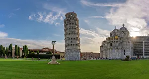 Pisa Prints: View of Pisa Cathedral and Leaning Tower of Pisa at sunset