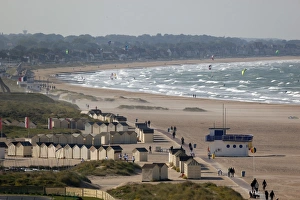 Typically French Prints: View over Plage de Riva Bella beach, Ouistreham, Normandy, France, Europe