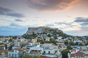 Athens Prints: View of Plaka and The Acropolis at sunset, Athens, Greece, Europe