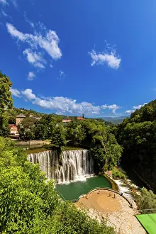 Waterfalls Prints: View of Pliva Waterfall and circular platform in Jajce