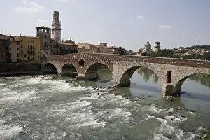 View of the Ponte Pietra with the Campanile of the Duomo in the distance