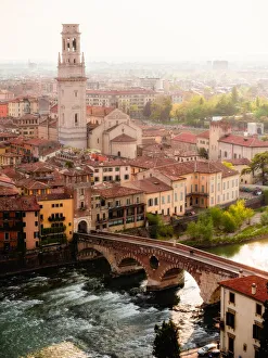 Cityscapes Prints: View of Ponte Pietra from Castel San Pietro, Verona, Veneto, Italy, Europe