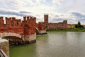 Fortifications Prints: View of Ponte Scaligero and Castelvecchio near River Adige in Verona