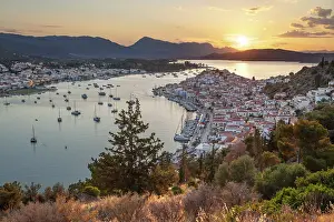 Poros Prints: View over Poros town at sunset, Poros, Saronic islands, Greek Islands, Greece, Europe