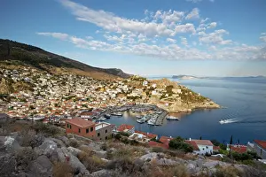 Cottages Prints: View over the port and whitewashed houses on hillside