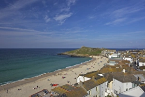 Porthmeor Prints: View of Porthmeor beach in summer from Tate Gallery, St. Ives, Cornwall