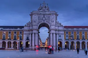Streetscape Prints: View of Praca do Comercio and Victory Arch at dusk, Lisbon, Portugal, Europe