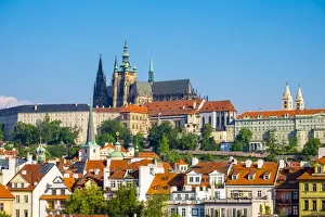 Mala Strana Prints: View of Prague Castle (Prazsky hrad) on the Vltava River and buildings in Mala Strana