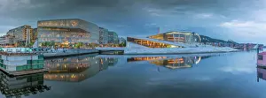 Public Space Prints: View of Public Library and Oslo Opera House reflecting in harbour on cloudy evening