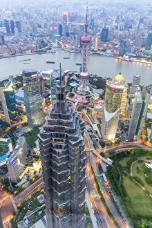 Shanghai Prints: View over Pudong financial district at dusk, Shanghai, China, Asia