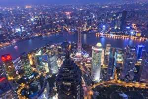 Shanghai Prints: View over Pudong financial district at night, Shanghai, China, Asia