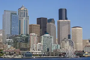A view from Puget Sound of the downtown area of the seaport city of Seattle, King County