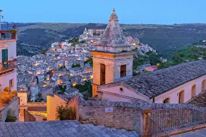 Cobblestone Prints: View of Ragusa Ibla from Santa Maria delle Scale Church during twilight in Ragusa province of Sicily