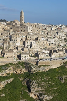 Basilicata Prints: View of the ravine and the Sassi area of Matera with Matera Cathedral