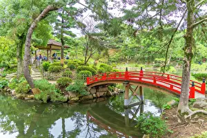 Footbridge Prints: View of red footbridge over Takueichi Pond in Shukkeien Garden