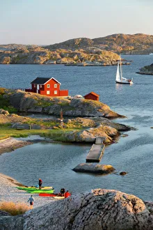 Sweden Prints: View over red Swedish house and islands of archipelago, Skarhamn, Tjorn, Bohuslan Coast