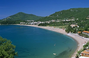 Curve Prints: View over resort and beach, Rafailovici, The Budva Riviera, Montenegro, Europe