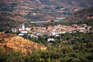 Irrigation Prints: View of Restbal in Granada with white houses and olive groves by the embalse de beznar in Spain