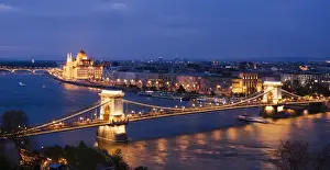 Connection Prints: View over River Danube, Chain Bridge and Hungarian Parliament Building at night