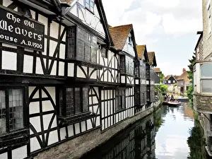 Canterbury Prints: View of River Great Stour from Kings Bridge showing historic buildings and boats in Canterbury Kent during a sunny day