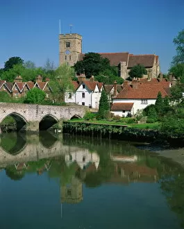 Kent Collection: View across River Medway to village and church, Aylesford, Kent, England