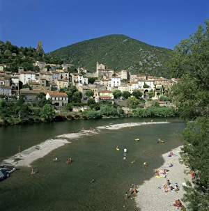 View over River Orb, Roquebrun, Languedoc-Roussillon, France, Europe