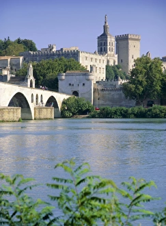 View across River Rhone to bridge and Papal Palace, Avignon, UNESCO World Heritage Site