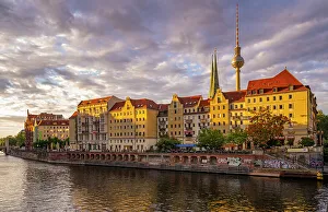 River Spree Prints: View of River Spree and Berliner Fernsehturm at sunset
