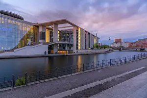 River Spree Prints: View of the River Spree and the Marie-Elisabeth-Luders-Haus at sunset