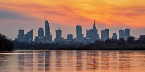 Warsaw Prints: View over River Vistula towards City Centre Skyline at sunset