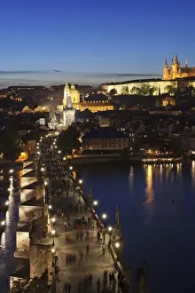 River Vltava Prints: View over the River Vltava to Charles Bridge and the Castle District with St