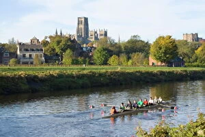 Durham Collection: View across the River Wear to Durham Cathedral, female college rowers in training, Durham
