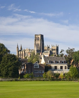 County Durham Prints: View across riverside playing fields to the cathedral, Durham, County Durham