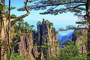 Destinations Prints: View of rocky peaks and pine trees in Huangshan during daylight in Anhui Province, China