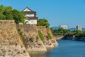Chuo Prints: View of Rokuban-yagura Turret and moat at Osaka Castle (Osaka-jo) on a sunny day